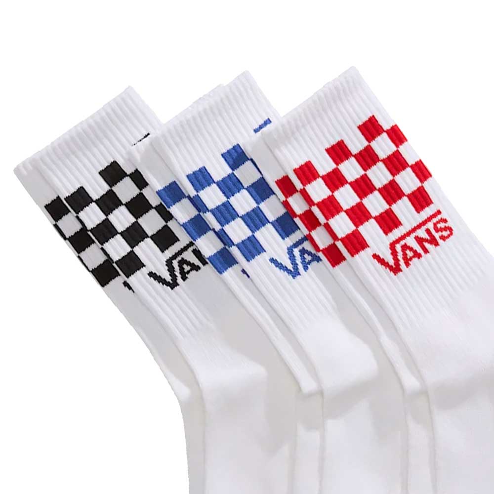 Three pairs of Classic Checker Crew Socks White VN000QBUWHT1 by Vans Skateboarding in a soft cotton blend, featuring cushioned comfort and checkered patterns with matching Vans logos in black, blue, and red.