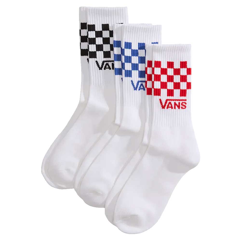 Three pairs of Vans Skateboarding Classic Checker Crew Socks in white (VN000QBUWHT1), featuring a soft cotton blend, checkerboard pattern at the top in black, blue, or red, “VANS” text beneath, and cushioned comfort with every step.