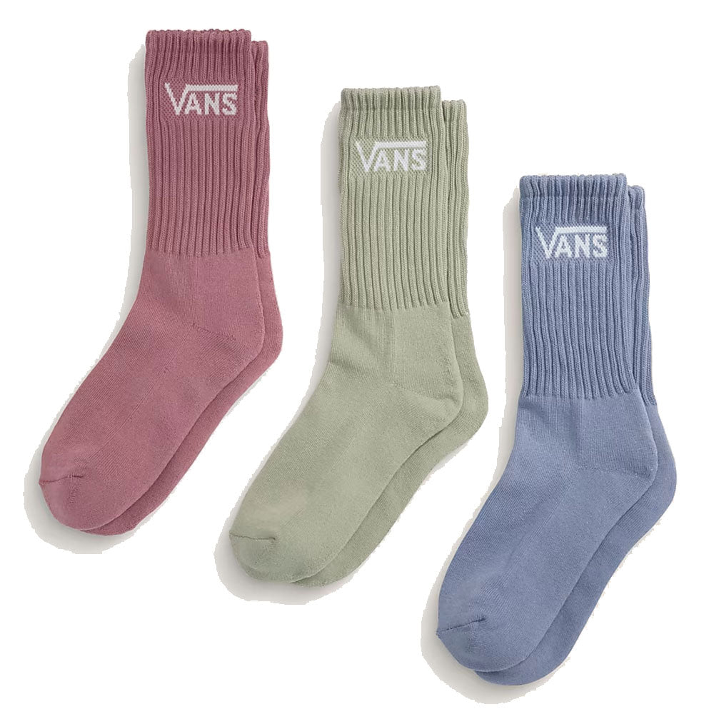 This 3-pack of Vans Skateboarding Classic Crew Socks (Glacial Slate, VN000QBVFOI1) features ribbed designs and cushioned soles. Each pair displays the signature Vans logo, shown side by side on a white background.