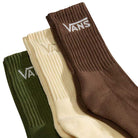 The Classic Crew Socks ROX VN000QBVGRK1 Green Balsam 3 Pack by Vans Skateboarding includes ribbed crew socks in olive, cream, and brown with white Vans logos near the top and cushioned soles for comfort. Socks shown overlapped and laid flat.