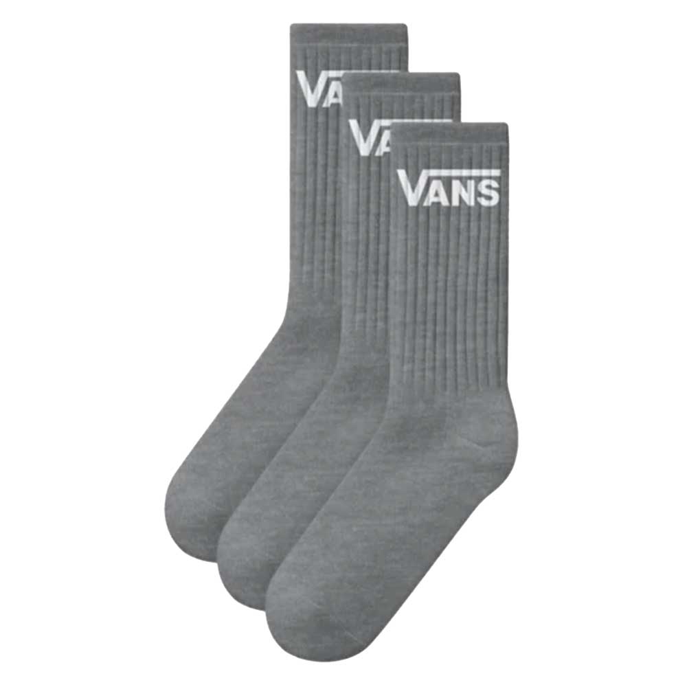 Three pairs of Classic Crew Socks ROX VN000QBVHTG1 in Heather Grey by Vans Skateboarding, featuring a ribbed texture, cushioned sole, and white VANS logo. 3-pack offers all-day comfort and style.