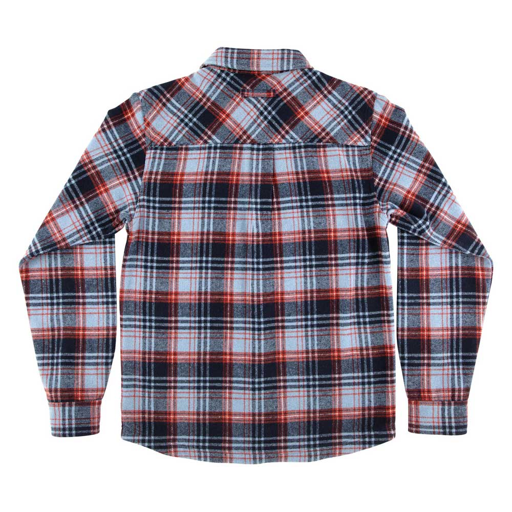 The Classic Lonsleeve Flannel Top Blue Plaid Santa Cruz features a blue, white, red, and black plaid pattern—shown from the back and ideal for fans of classic skateboarding apparel.