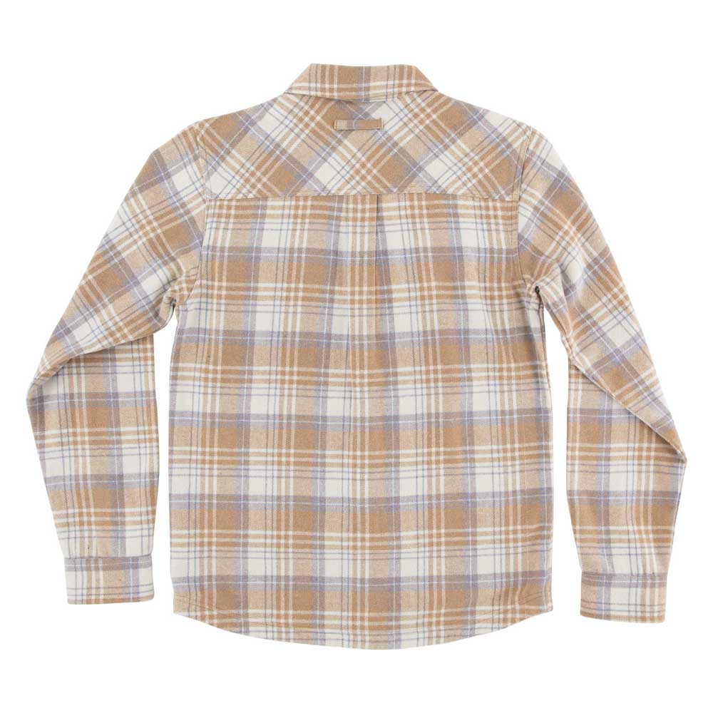The Classic Lonsleeve Flannel Top Sand Plaid by Santa Cruz is a men's shirt in beige, white, and light blue plaid—ideal for bringing timeless flannel style to your skateboard apparel collection. Displayed flat, back side up.
