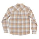 The Classic Lonsleeve Flannel Top Sand Plaid by Santa Cruz is a men's shirt in beige, white, and light blue plaid—ideal for bringing timeless flannel style to your skateboard apparel collection. Displayed flat, back side up.