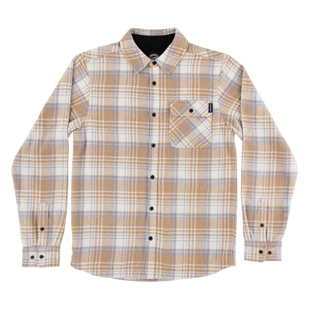 The Classic Lonsleeve Flannel Top Sand Plaid Santa Cruz is a men’s long-sleeve shirt in beige, white, and light blue plaid with a left chest pocket and buttoned cuffs—perfect for stylish skateboard apparel.