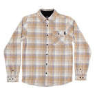 The Classic Lonsleeve Flannel Top Sand Plaid Santa Cruz is a men’s long-sleeve shirt in beige, white, and light blue plaid with a left chest pocket and buttoned cuffs—perfect for stylish skateboard apparel.