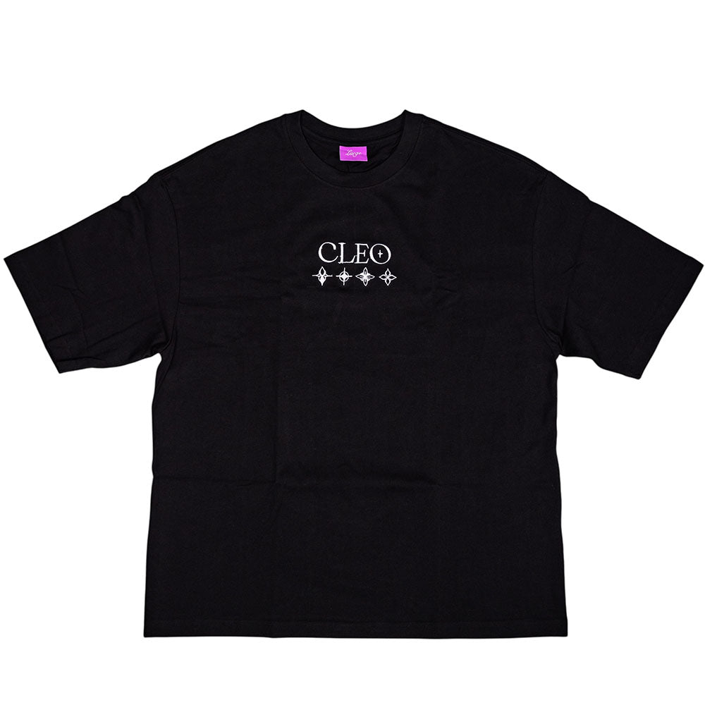 Cleo Flame Black Tee—black cut-n-sew T-shirt featuring CLEO in bold white text and four small white decorative symbols underneath, showcased on a plain white background; a signature piece among Cleo tees.