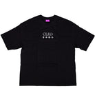 Cleo Flame Black Tee—black cut-n-sew T-shirt featuring CLEO in bold white text and four small white decorative symbols underneath, showcased on a plain white background; a signature piece among Cleo tees.