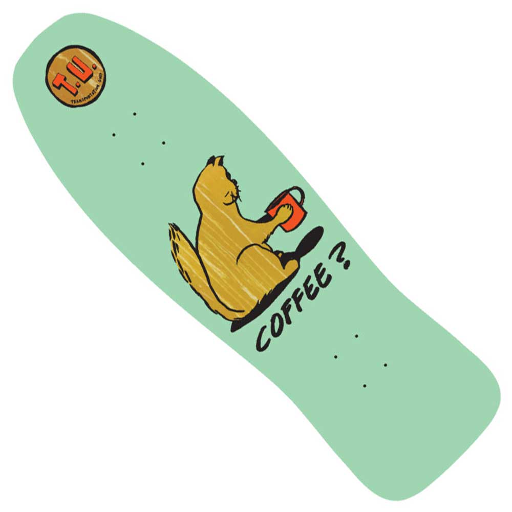 The Coffee 9.85 TU Deck Transportation Unit Skateboards Special Shape has a mint-green deck featuring a cat with a red coffee mug and the word "COFFEE?"—a playful pick for fans of cats and caffeine.
