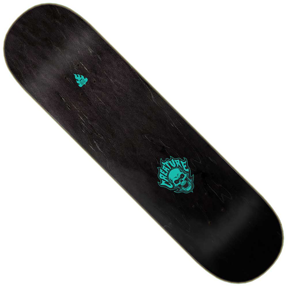 The Comicbook Relic Stumps 7 Ply Birch Creature Skateboard Deck, 8.25in x 31.80in, is black with a small turquoise tree graphic near the nose and a turquoise skull with the Creature logo near the tail.