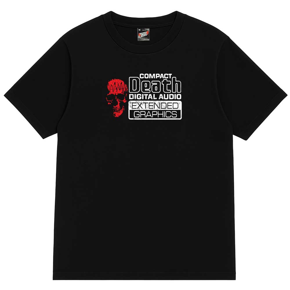 The Compact Death Tee Black by Deathwish Skateboards features a bold black colorway, highlighted by a vivid red skull graphic and white text on the chest that says “COMPACT Death DIGITAL AUDIO EXTENDED GRAPHICS,” making it a standout piece for those seeking an edgy design.