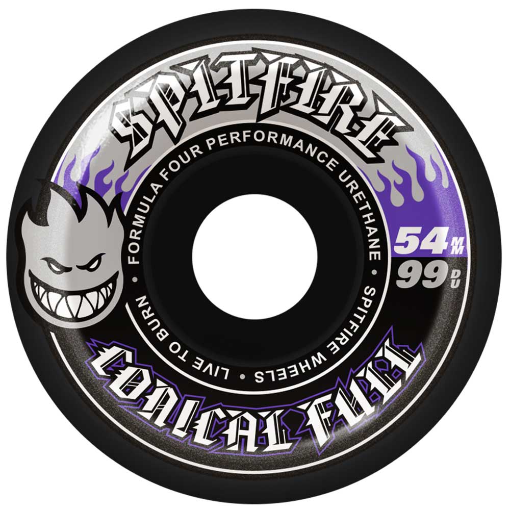 The Conical Full Black 54mm99A Spitfire Wheels are skateboard wheels in black and purple, featuring the Spitfire logo, flame graphics, and “Formula Four Performance Urethane” text.