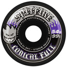The Conical Full Black 54mm99A Spitfire Wheels are skateboard wheels in black and purple, featuring the Spitfire logo, flame graphics, and “Formula Four Performance Urethane” text.