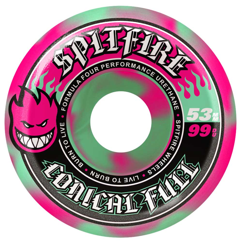 The Conical Full Swirl Teal Pink 53mm 99A Spitfire Wheels feature vibrant teal and pink designs, a flaming grinning face logo, and text reading SPITFIRE, CONICAL FULL, 53MM 99A, and LIVE TO BURN, BURN TO LIVE.