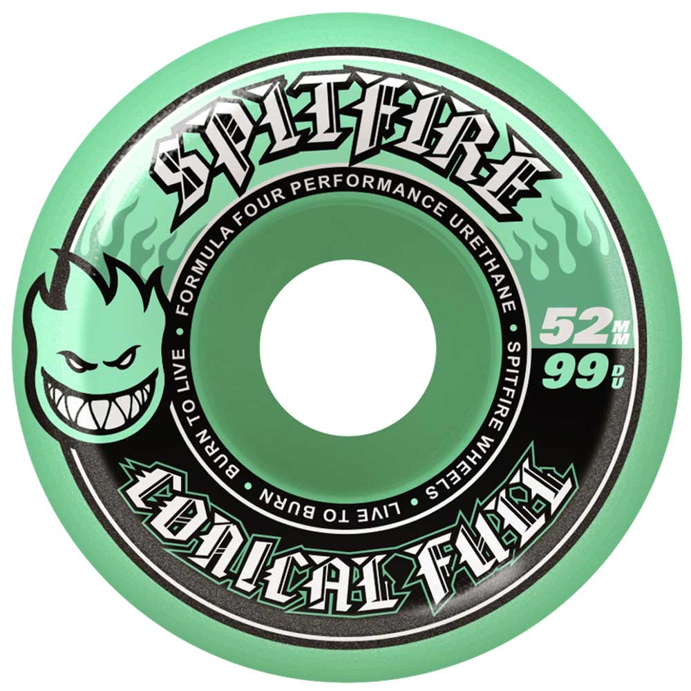 The Conical Full Teal 52mm 99A Spitfire Wheels feature a grinning flame face logo, “SPITFIRE” text, and flame graphics—offering performance and style with FORMULA FOUR urethane in a bold teal color.