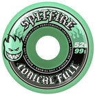 The Conical Full Teal 52mm 99A Spitfire Wheels feature a grinning flame face logo, “SPITFIRE” text, and flame graphics—offering performance and style with FORMULA FOUR urethane in a bold teal color.