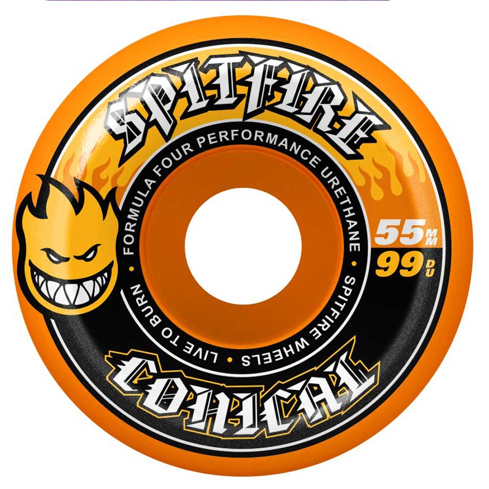 The Conical Orange 55mm99A Spitfire Wheels Skateboard features a flaming head logo, bold Spitfire branding, Formula Four Performance Urethane for durability and grip, and “Conical” printed around the edge—premium skateboard wheels designed for both performance and style.