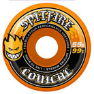 The Conical Orange 55mm99A Spitfire Wheels Skateboard features a flaming head logo, bold Spitfire branding, Formula Four Performance Urethane for durability and grip, and “Conical” printed around the edge—premium skateboard wheels designed for both performance and style.