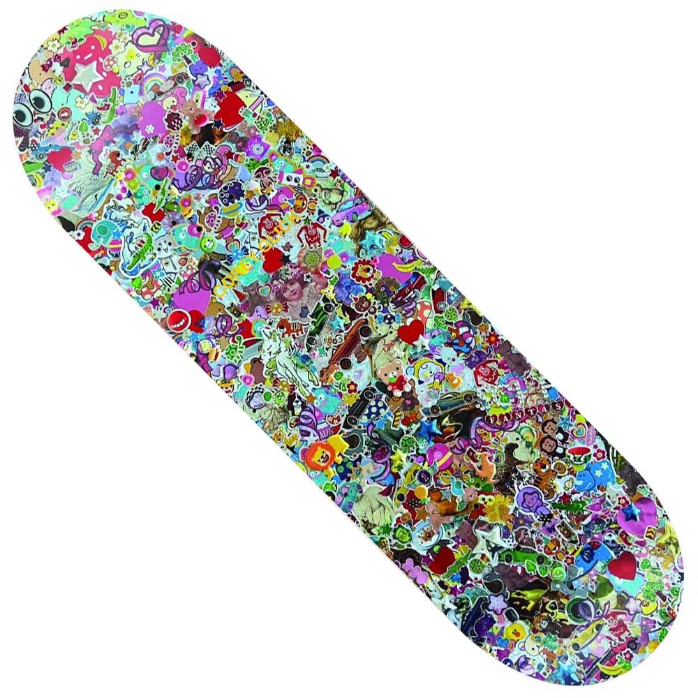 The Corey Glick Sticker Collage 8.5 Deck by Sci-Fi Fantasy Skateboards features a crisp white background and a vibrant array of overlapping stickers—hearts, stars, smileys, food, animals, and playful characters—for standout style.