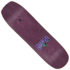 A purple rectangular North American maple skateboard deck, the Cosmo Rider LG 8.75in x 32.05in Creature Decks features the word CREATURE and a green monster graphic near one end. This distinctive deck includes holes for mounting trucks and a natural wood edge, making it ideal for riders who value both style and performance.