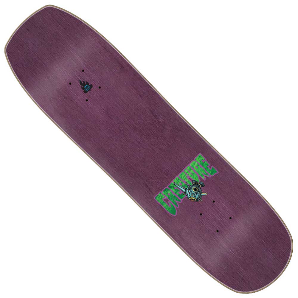 A purple Cosmo Rider SM 8.50in x 32.05in Creature Decks skateboard deck featuring a small bug graphic and green CANTILEVER text near one end. The wood grain is visible, and the rectangular shape with rounded edges echoes styles from the Creature Cosmo Riders series.
