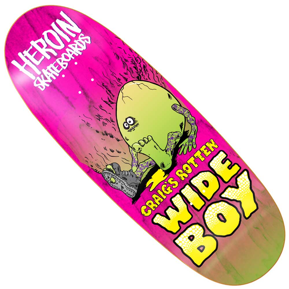 The Craig Questions Rotten Wide Boy 10.75 Heroin Skateboards Deck features various stains, a cartoon potato character, "Craigs Rotten WIDE BOY" text, a top left logo, and is crafted from durable 7 ply hard rock maple.