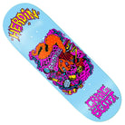 Introducing the Craig Questions Scrap Metal 10 Heroin Skateboards Deck Shaped—a light blue skateboard deck adorned with vibrant, graffiti-style artwork featuring a house with smoke, spray paint cans, and bold yellow and pink lettering reading “Nerdil” and “Cade Scott.” Channeling the edgy Scrap Metal aesthetic, this deck infuses your ride with authentic street-inspired attitude.