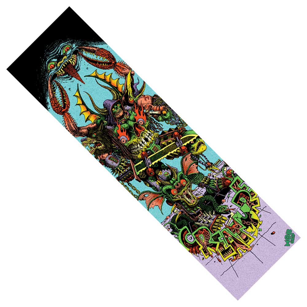 The Creature Riot1394 Hallucination Grip Tape (9in x 33in) by Graphic Mob showcases a surreal, monstrous creature with crab claws, horns, and fangs in a comic style, plus bold green “CREATURE” lettering to make your board stand out.