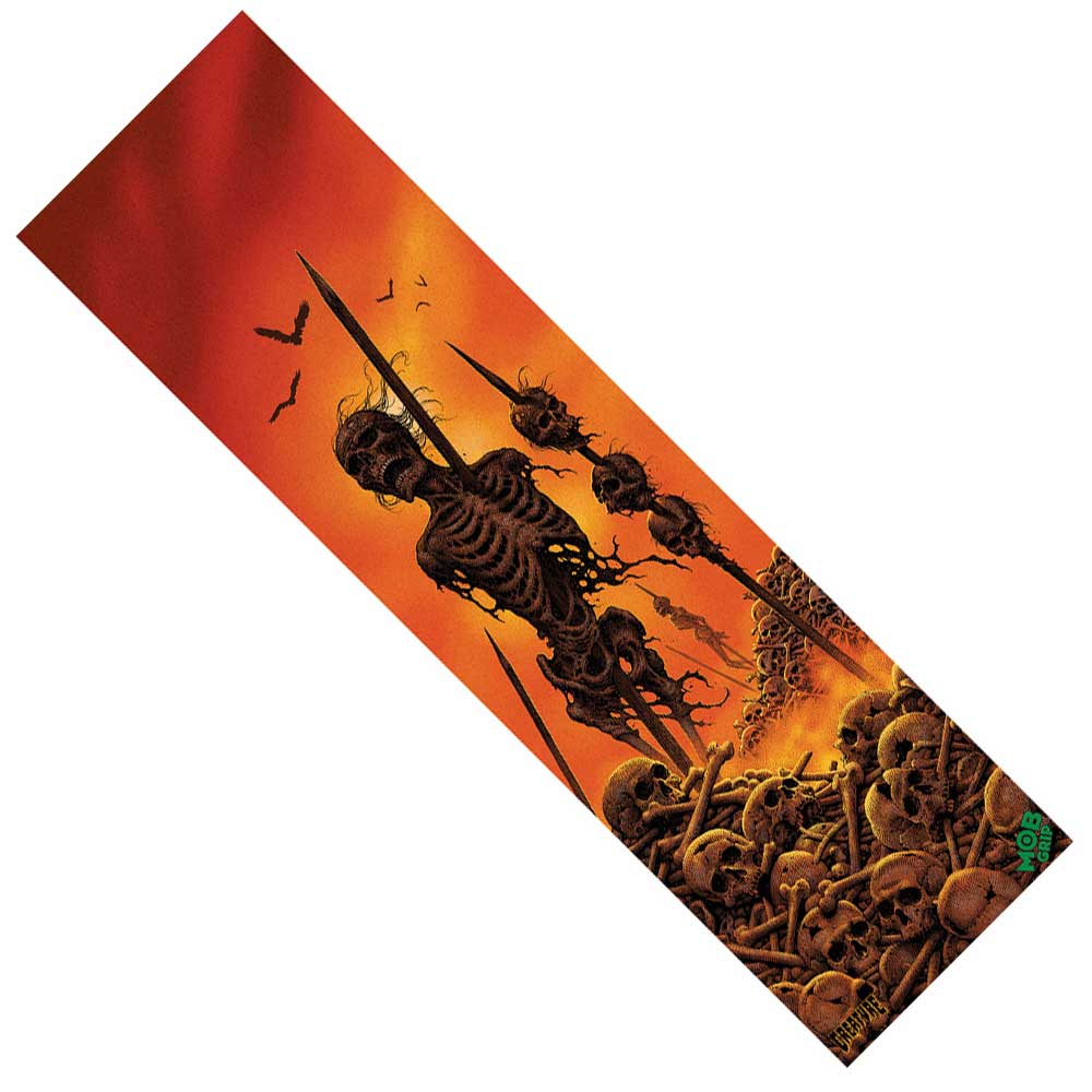 A skateboard deck adorned with fiery red and orange tones, impaled skeletons, and skulls beneath a dramatic sky of soaring birds pairs perfectly with the Creature Wasted Grip Tape 9in x 33in Sheet Graphic Mob—delivering ultimate control and a true Thrasher-inspired ride.
