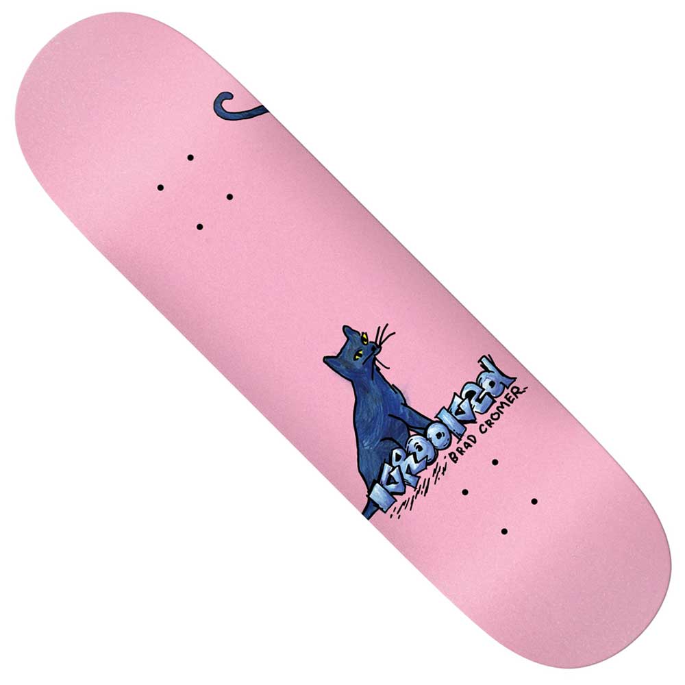 The Cromer Kat 8.38 Krooked Skateboards Deck showcases a pink base with a blue cat illustration gazing upwards and the text "RIPNDIP DEAD COOPER" near the bottom—a must-have for fans of distinctive Krooked graphics or anyone who appreciates the unique Cromer Kat style.