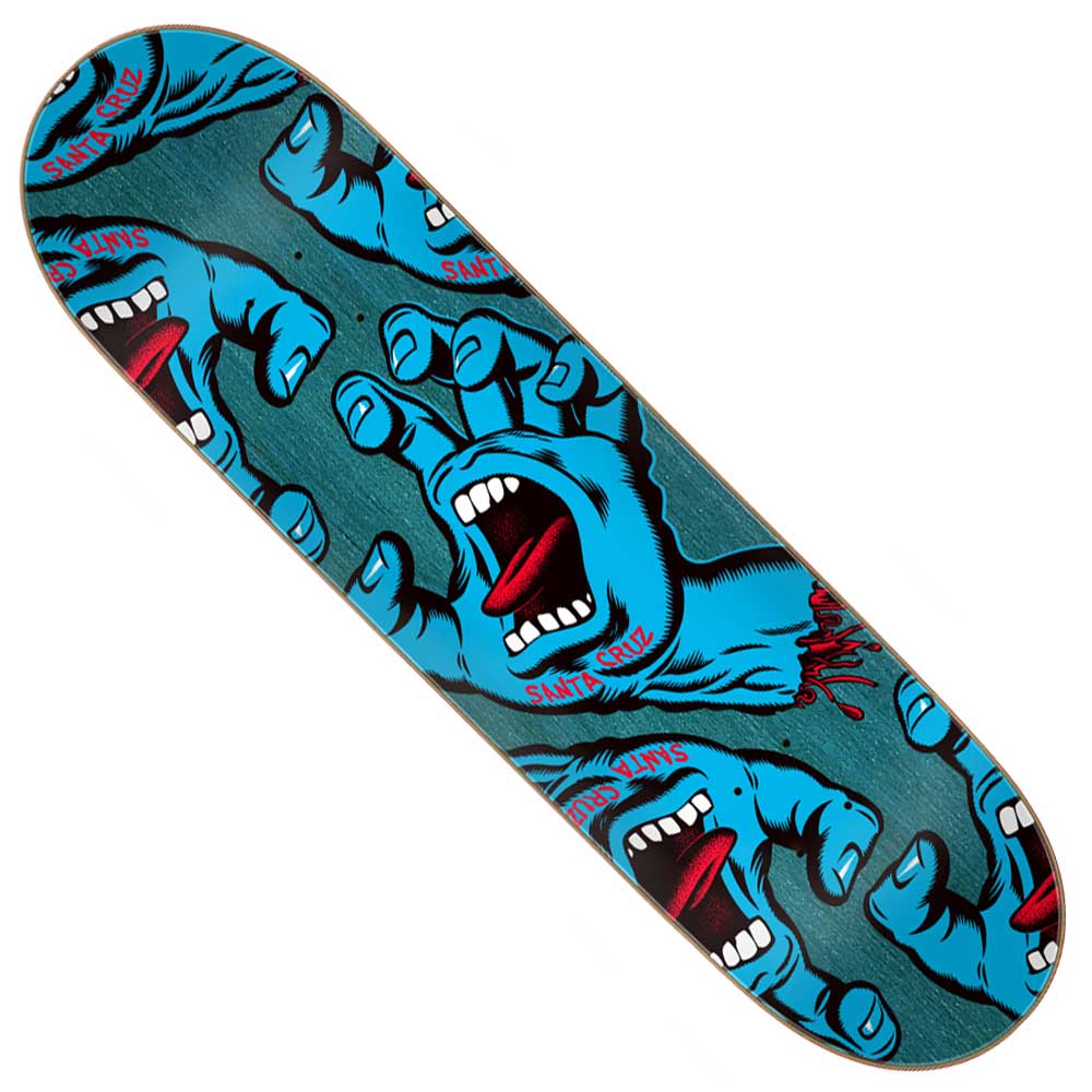Introducing the Crowded Hand 8.25in x 31.83in Santa Cruz Deck—a bold, eye-catching skateboard deck featuring blue cartoon hands with open red mouths and white teeth on a teal background. This graphic deck from Santa Cruz showcases multiple hands across its design for a striking visual statement.
