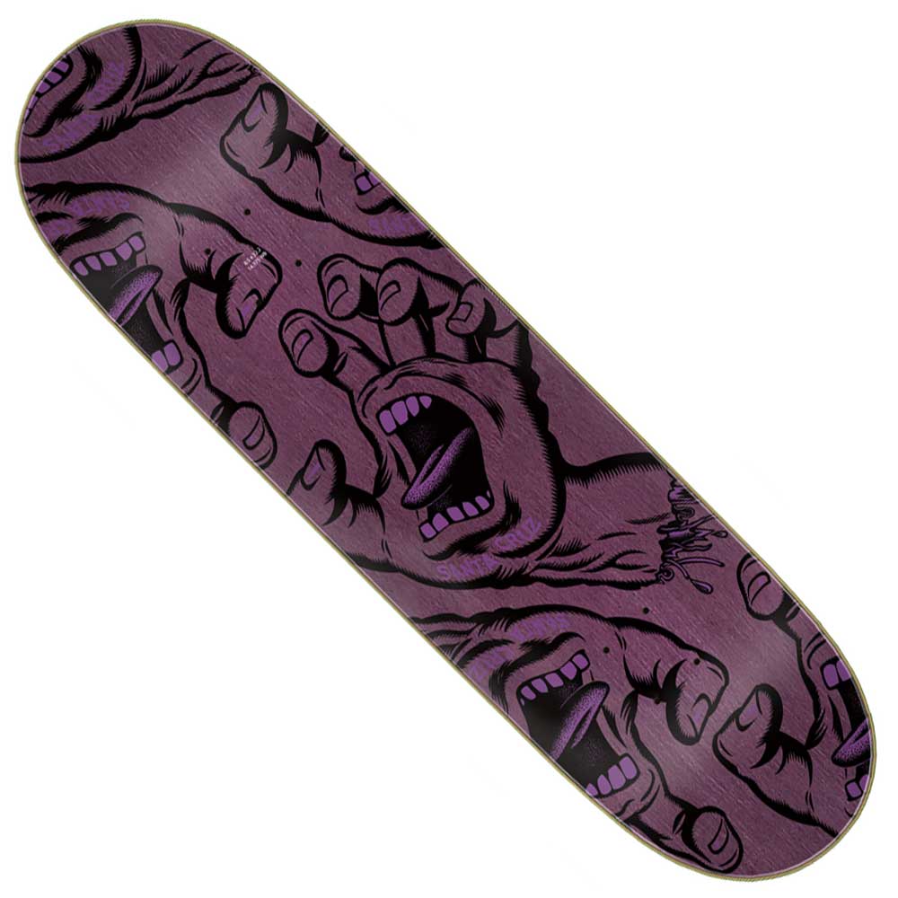 The Crowded Hand 8.5in x 32.2in Santa Cruz Deck features a durable North American Maple construction and showcases a vivid purple background with Santa Cruz’s signature bold, black-outlined graphics of screaming, open-mouthed hands reaching outward, repeated across the deck.