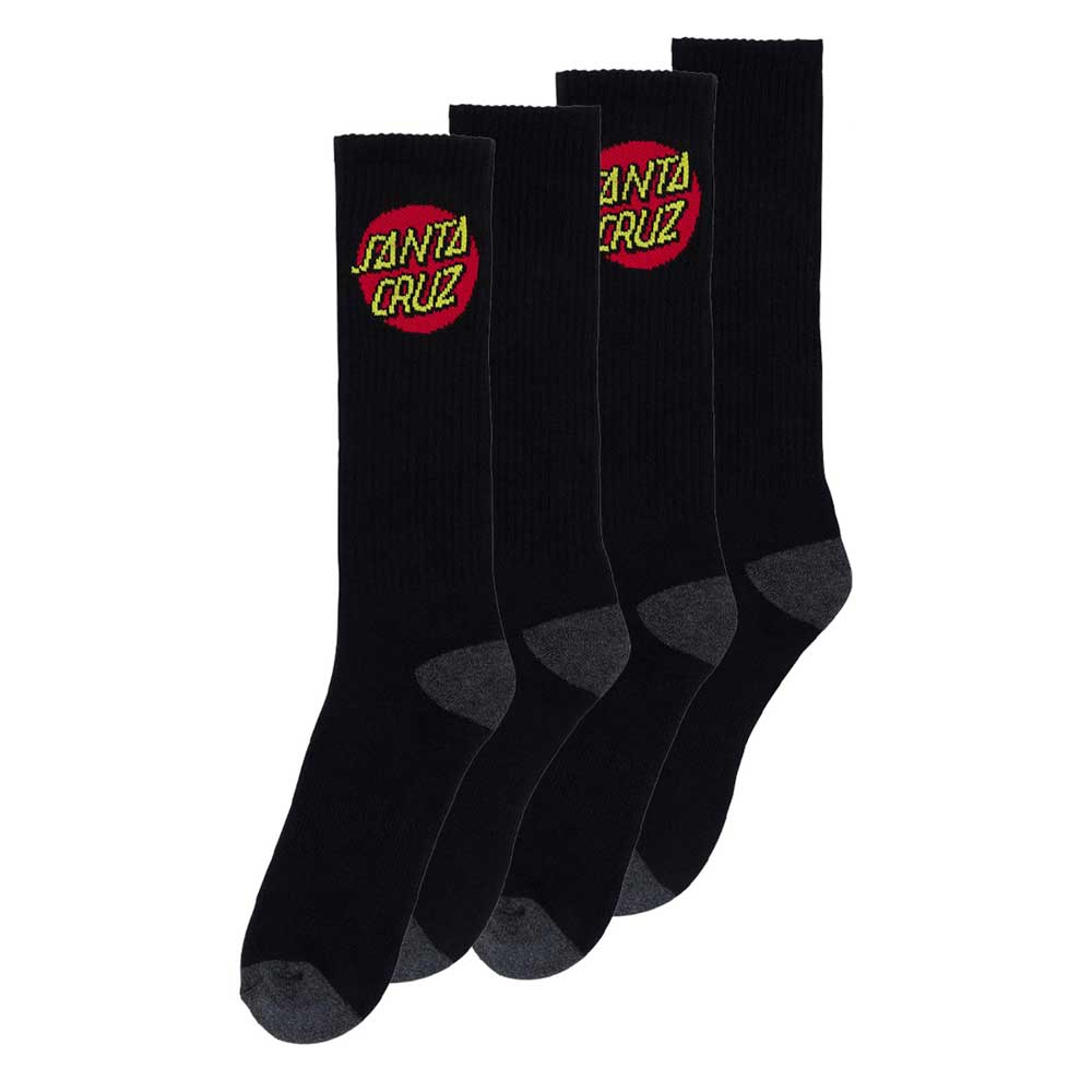 The Cruz 2-Pack Crew Socks Black 9-11 includes two pairs of men's unisex skate socks with dark gray toes and heels, each featuring a yellow and red Santa Cruz logo. Perfect for everyday wear or skating.