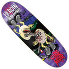 Introducing the Curb Killer Merged 10 Heroin Skateboards Deck Shaped, featuring a surreal cartoon character’s distorted face clutching knives against a vivid purple backdrop. Bold graffiti-style “Heroin Skateboards” and “Curb Killer” lettering make this deck a standout statement for any skateboard collection.