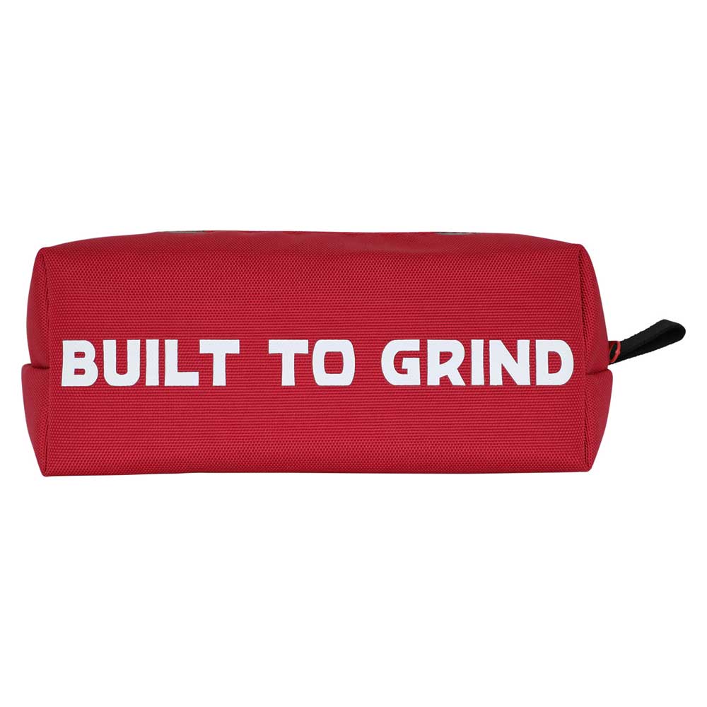 The Curb Storage Case Red OS by Independent is a rectangular red case with a black zipper and “BUILT TO GRIND” in bold white letters—ideal for organizing skateboard accessories.