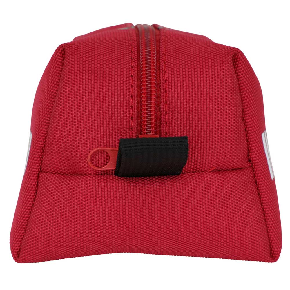 A close-up of the Curb Storage Case Red OS Unisex Independent shows its textured fabric, center zipper, and pull tab—ideal for storing your Independent Trucks gear.