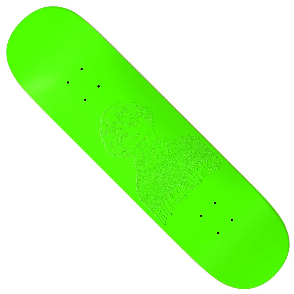 The Curren Caples Embossed Photo 8.25 FA Skateboard Deck Green showcases a vibrant green color with an engraved outline of a person’s face and upper body in a high-collared shirt or sweater. Inspired by Curren Caples’ signature style, this professional-quality deck is ideal for skaters who value unique graphics and exceptional design.
