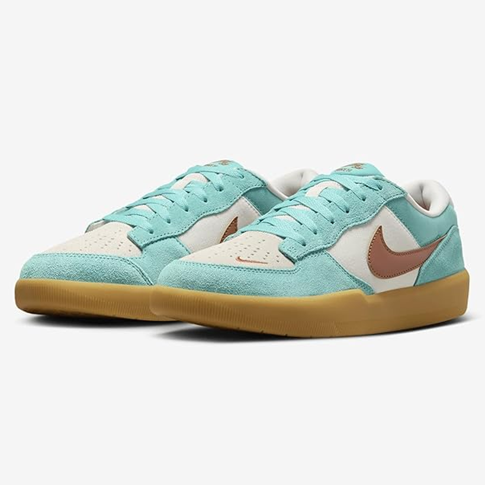 A pair of Nike SB Force 58 "Green Frost Dark Russet" suede shoes (DV5477-302) with light blue overlays, white panels, brown Swoosh logos, and gum soles—stylish and durable skate shoes on display against a plain background.