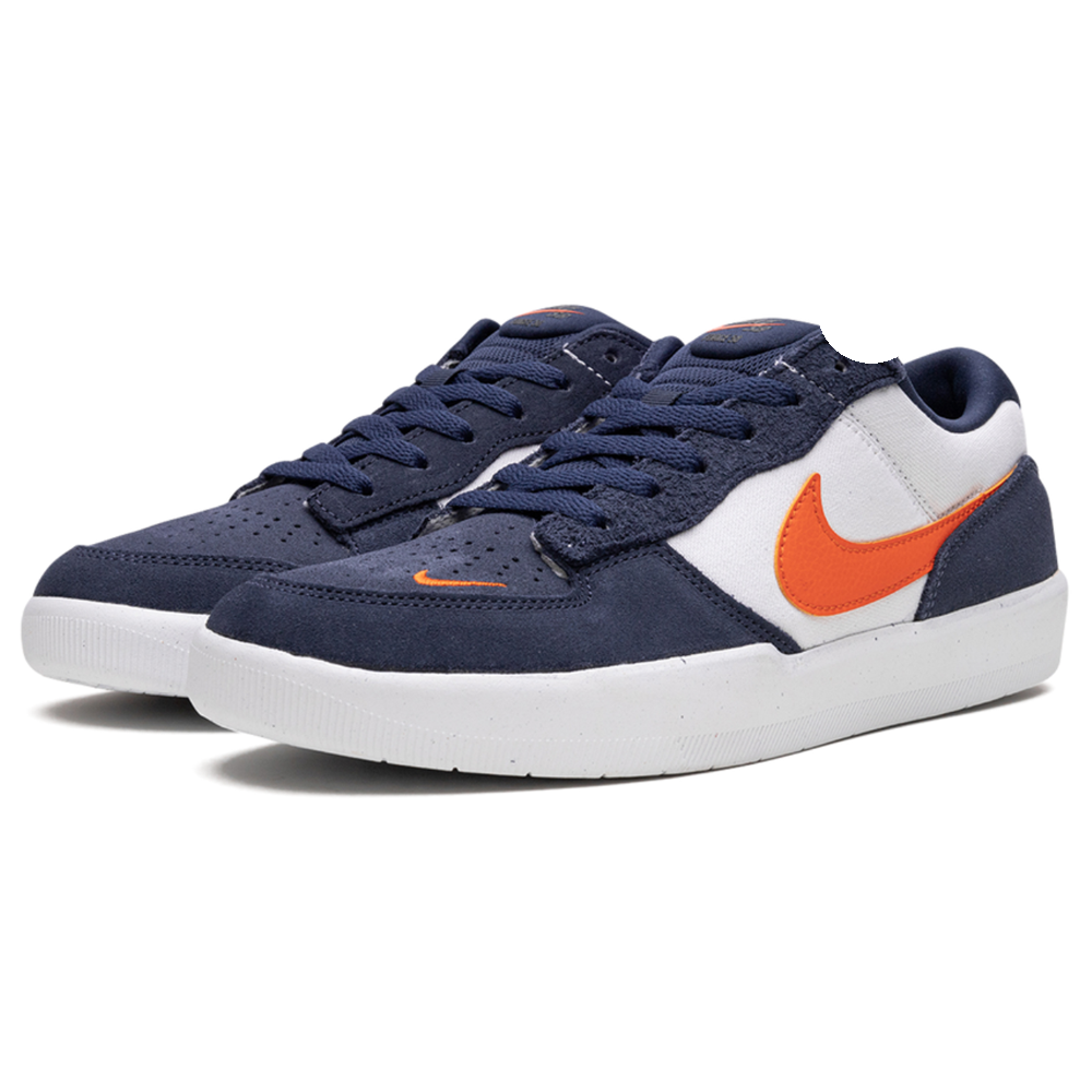 A pair of DV5477-400 Midnight Navy Safety Orange Force 58 Nike SB suede shoes with navy uppers, white panels, orange swooshes, and white rubber soles are displayed side by side facing left on a white background.