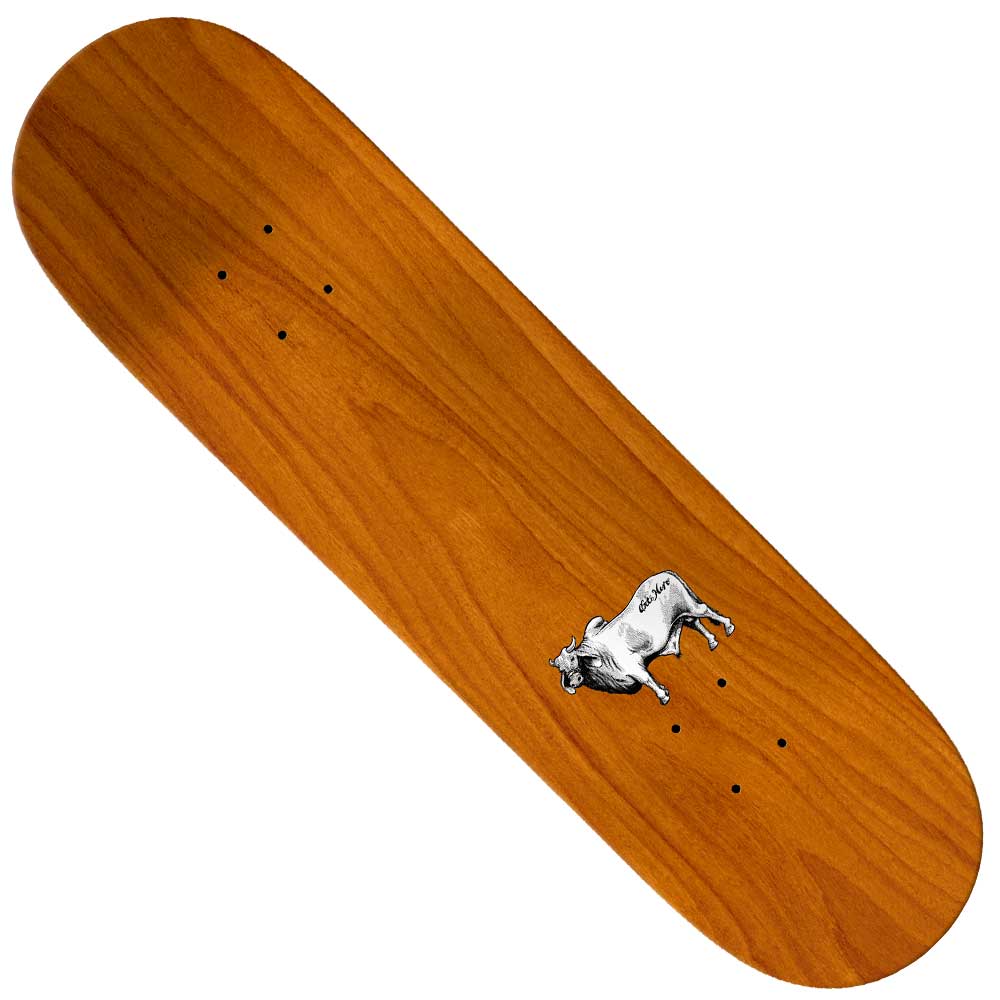 The Daan Dutch Belted 8.28 Anti Hero Skateboards Deck features a natural wood grain finish, visible truck mounting holes, and a small black and white cow illustration near the center for a stylish yet functional ride.