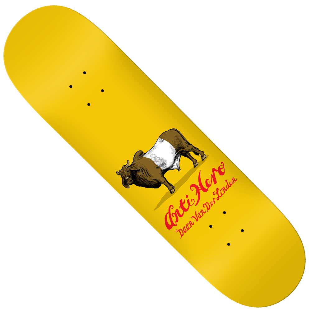 The Daan Dutch Belted 8.28 Anti Hero Skateboards Deck features a yellow design with an illustrated cow, a white stripe, bold red text above, and "Daan Dutch" in smaller yellow print.
