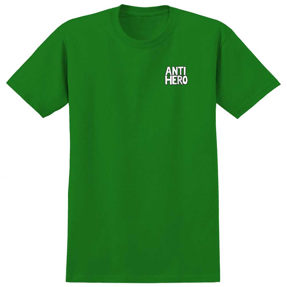 A classic Daan First First Kelly Green Multicolor Tee from Anti Hero Skateboards, featuring the words ANTI HERO printed in white on the upper left chest area.