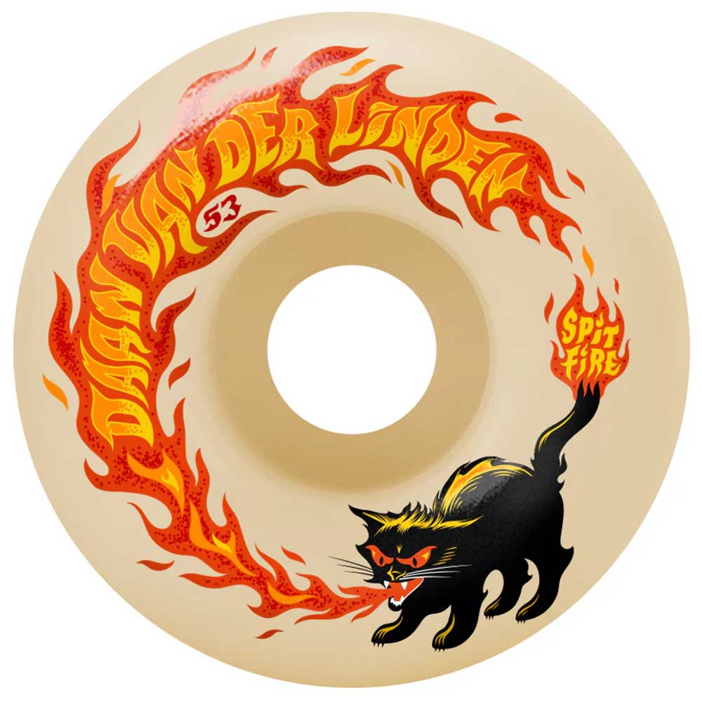 The Daan Pyrocat 53mm99A Formula Four Spitfire Wheel features beige urethane with flaming orange and yellow “Daan Van Der Linden” text. A black arched-back cat breathes fire, encircling the wheel’s center.