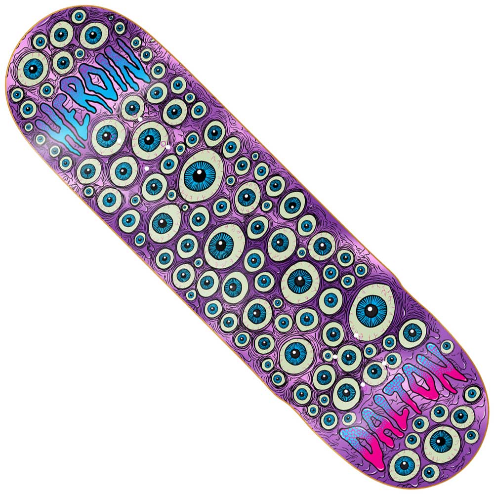 The Dalton Dern Eyes 8.62x32 Heroin Skateboards Deck features a purple background with blue and green eyeballs, graffiti-style “HEROIN” and “DALTON” text, a custom shape, and is crafted from hard rock maple.