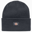 A dark navy acrylic tall cuff beanie with a folded brim, featuring a small rectangular Dickies logo patch on the front center for a classic, warm look. Product: Dark Navy Tall Cuff Beanie Dickies Skateboarding WHC200 Navy DN.