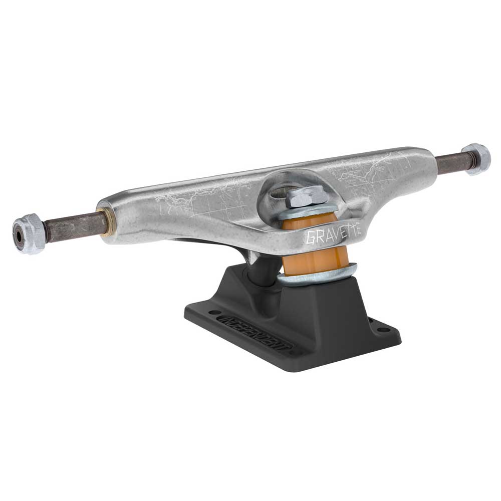 A set of two David Gravette Hollow Silver Black Standard INDY 144 Stage 11 Trucks, featuring a silver hanger with a black baseplate, orange bushings, and visible axle nuts at each end, shown against a white background. These lightweight skateboard trucks offer strength and performance for demanding riders.