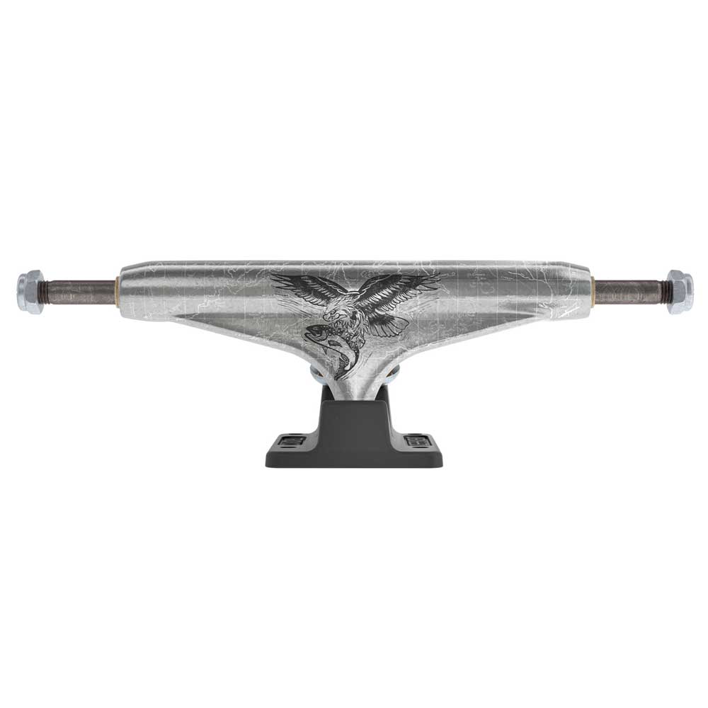 Silver skateboard truck with a black eagle graphic on the hanger, black baseplate, and visible axle bolts on each side, shown against a white background. This is the David Gravette Hollow Silver Black Standard INDY 144 Stage 11 Trucks Set of TWO, featuring Independent’s lightweight Stage 11 design for enhanced performance.