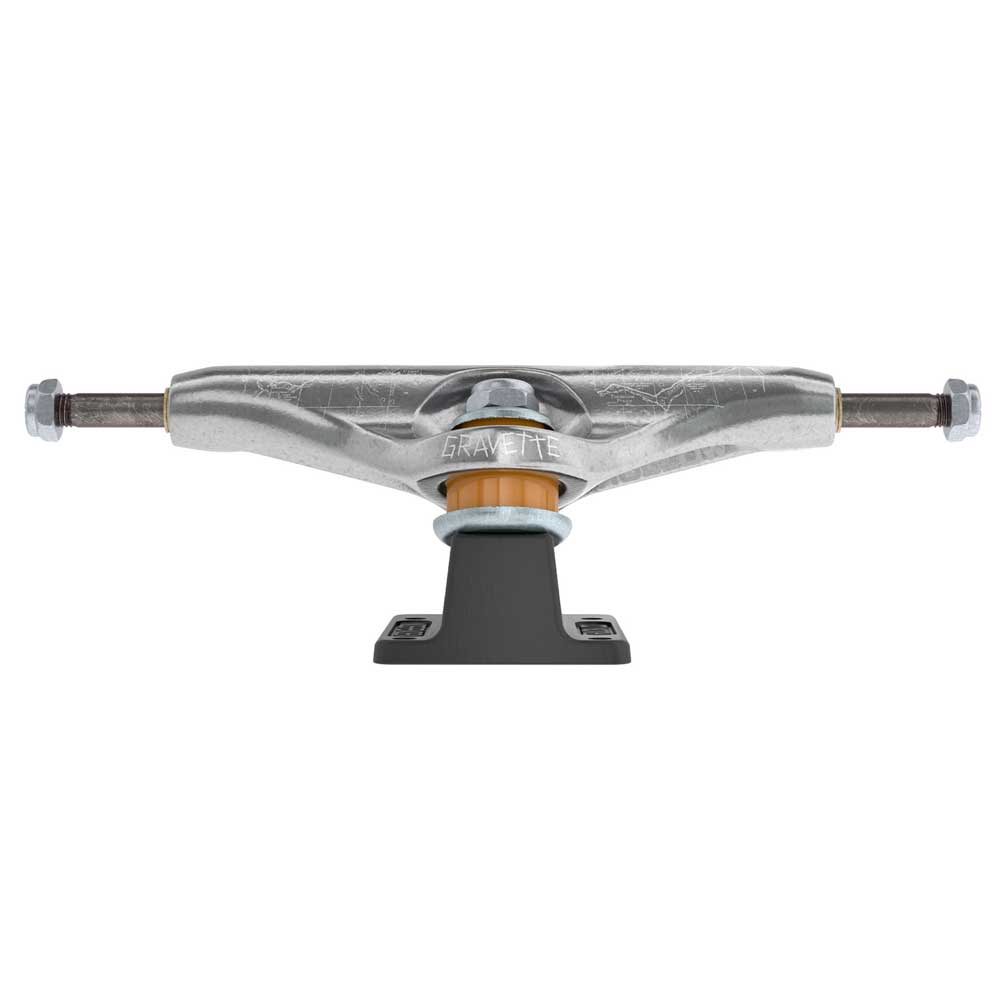 A set of two David Gravette Hollow Silver Black Standard INDY 144 Stage 11 skateboard trucks, featuring a silver hanger, black baseplate, and visible bushings, shown from the front against a white background.