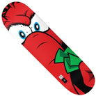 The David Loy Big Red 8.5x32 Birdhouse Deck showcases a striking, cartoon-like red character with wide eyes, bushy eyebrows, and a green bow tie on a white background—ideal for skateboarding fans and collectors.