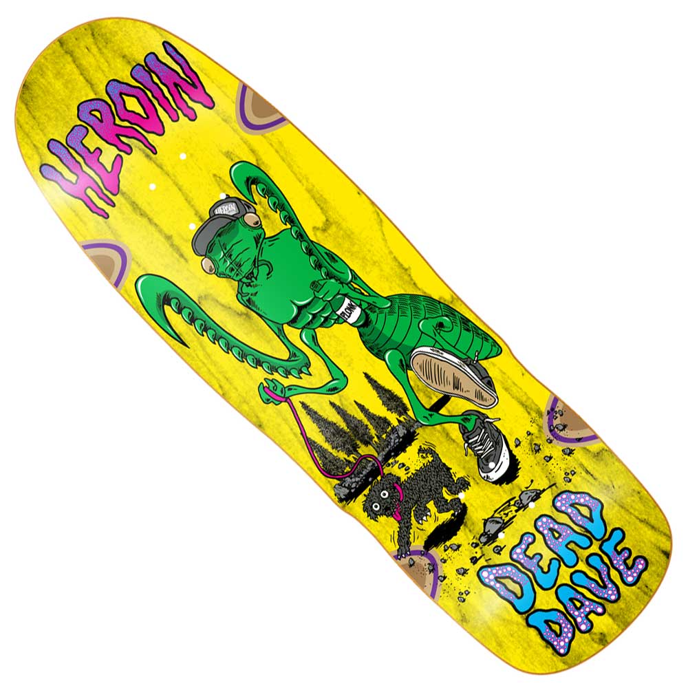 The Dead Dave 10.12x32.7 Bug Heroin Skateboards Deck features a yellow 10.1" board with a green humanoid lizard in sneakers and headphones, HEROIN in purple on top, DEAD DAVE in blue below, and is made from durable Hard Rock Maple.